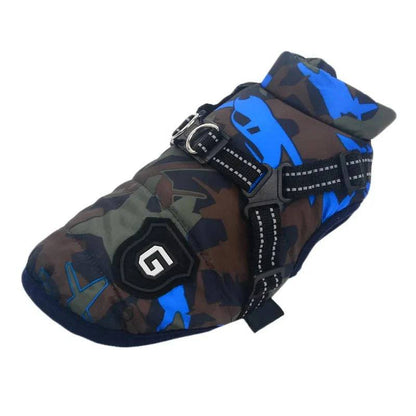 Blue Camouflage Winter Pet Dog Jacket With Harness Warm Clothes Waterproof Coat Outfits - Trendypet's Zone