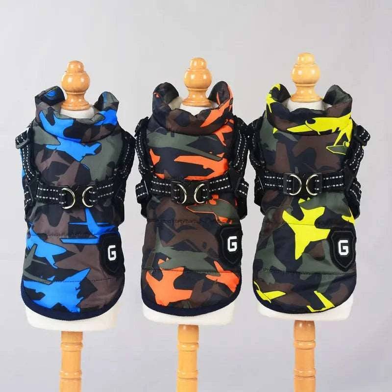 Blue Camouflage Winter Pet Dog Jacket With Harness Warm Clothes Waterproof Coat Outfits - Trendypet's Zone