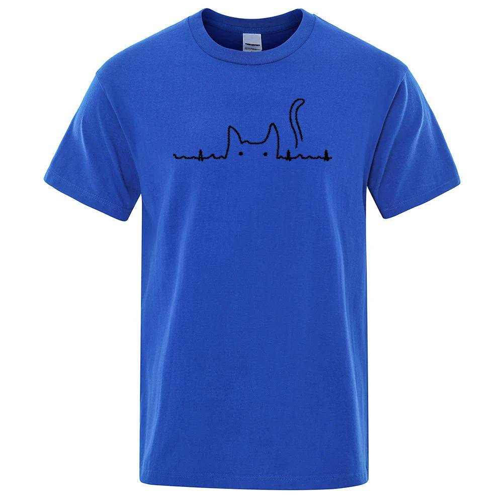 Blue Casual Men's T-Shirts Cat Cute Printed Summer Cotton O-Neck Short Sleeve Top Tee T-shirts TRENDYPET'S ZONE