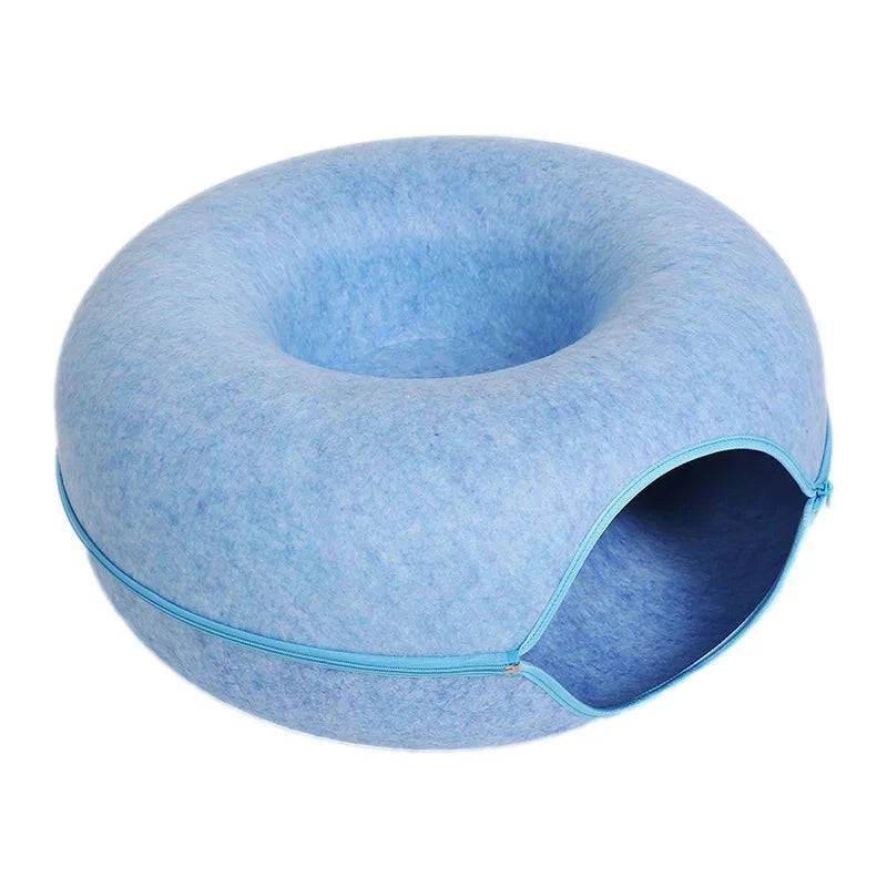 Blue Donut Cat Bed for 2 Pets Tunnel Kitten House Basket Interactive Natural Felt Cave Nest - Trendypet's Zone