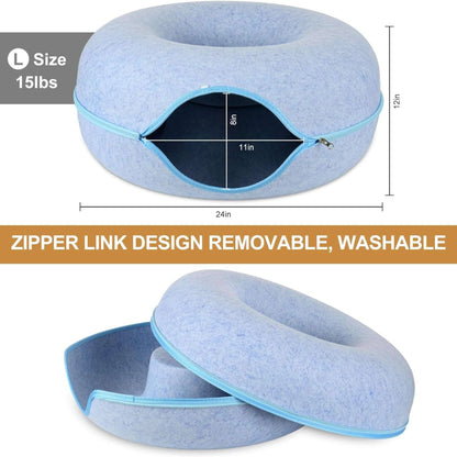 Blue Donut Cat Bed for 2 Pets Tunnel Kitten House Basket Interactive Natural Felt Cave Nest - Trendypet's Zone