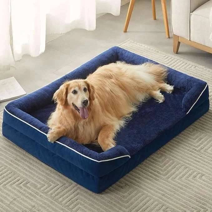 Blue Extra Large Bolster Dog Bed with Waterproof Lining & Non-Skid Bottom, Washable, Orthopedic Egg Foam Couch, XL 42"x 30"x 7" - Trendypet's Zone