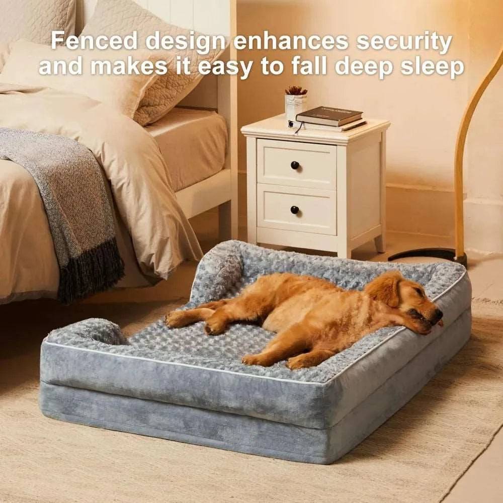 Blue Extra Large Bolster Dog Bed with Waterproof Lining & Non-Skid Bottom, Washable, Orthopedic Egg Foam Couch, XL 42"x 30"x 7" - Trendypet's Zone