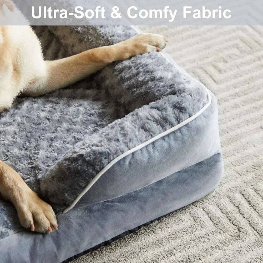 Blue Extra Large Bolster Dog Bed with Waterproof Lining & Non-Skid Bottom, Washable, Orthopedic Egg Foam Couch, XL 42"x 30"x 7" - Trendypet's Zone