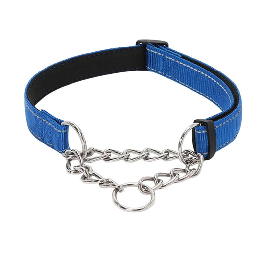 Blue Stainless Steel Chain Reflective Nylon Fabric Pet Collars for Small Medium Large Dogs TRENDYPET'S ZONE