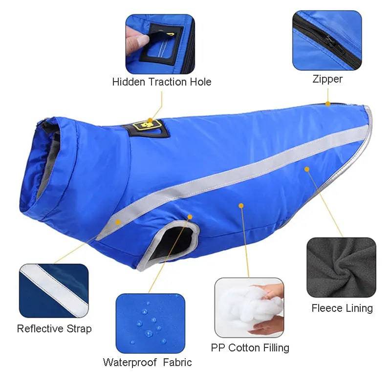 Blue Waterproof Dog Clothes for Winter Warm Big Jackets Padded Fleece Pet Coat Safety Reflective Design - Trendypet's Zone