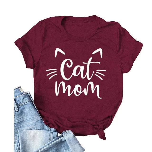 Burgundy "Cat Mom" Vivid Letter Print Women T-Shirt Short Sleeve O-Neck Loose Ladies Tee Tops Clothes TRENDYPET'S ZONE