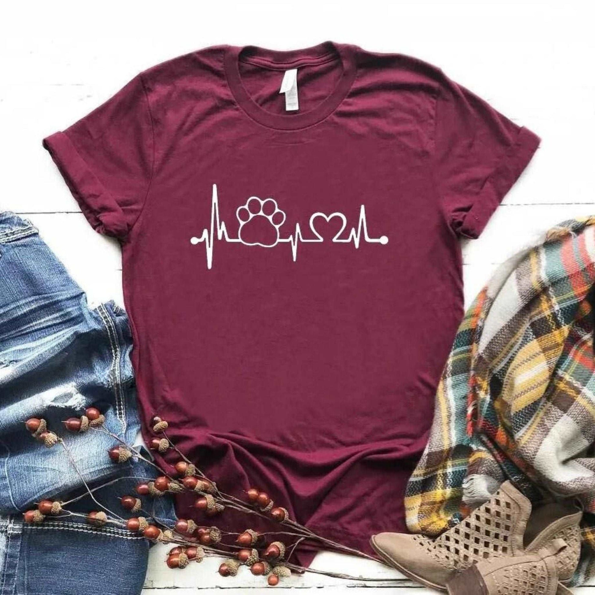 Burgundy Heartbeat Lifeline Dog Women T-Shirt Casual Funny Foot For Lady Girl Hipster - Trendypet's Zone