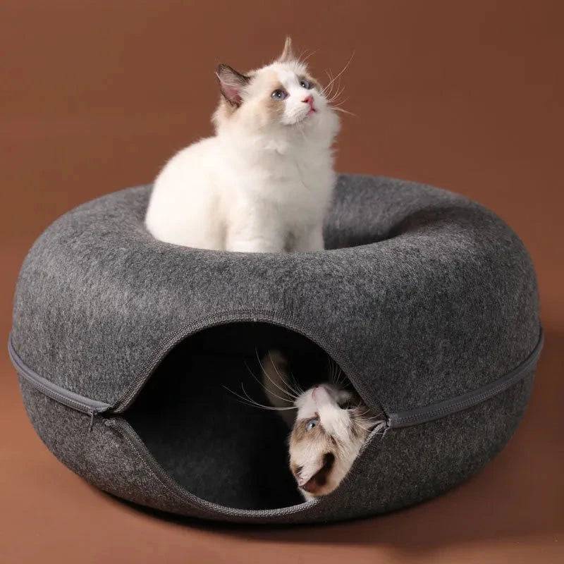 Coffee Donut Cat Bed for 2 Pets Tunnel Kitten House Basket Interactive Natural Felt Cave Nest TRENDYPET'S ZONE