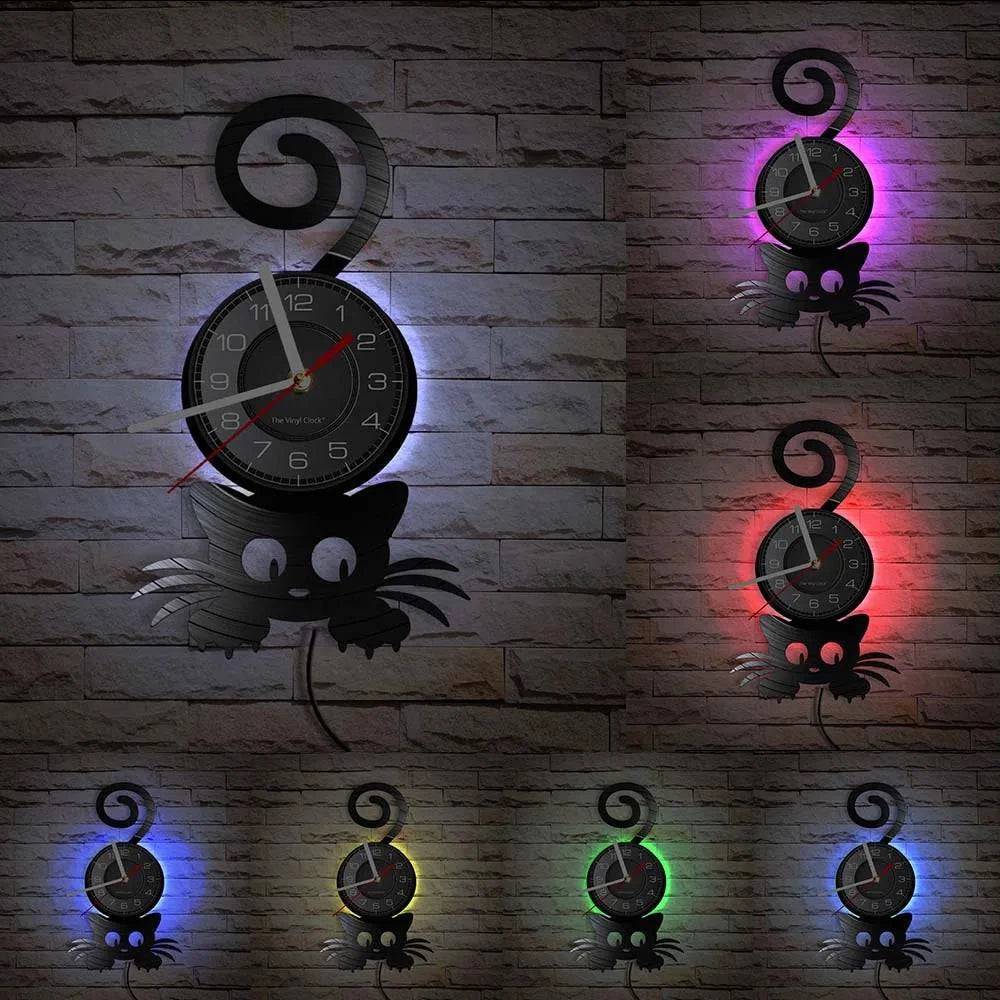 Crazy Cat Lady Wall Art (LED) Silhouette Kitten Cat with Funny Top Tail Home Decor Wall Clock Black Kitty Vinyl Record Clock Cat Pet Lover - Trendypet's Zone