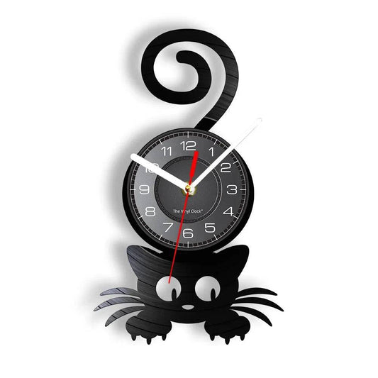 Crazy Cat Lady Wall Art (WITHOUT LED) Silhouette Kitten Cat with Funny Top Tail Home Decor Wall Clock Black Kitty Vinyl Record Clock Cat Pet Lover TRENDYPET'S ZONE