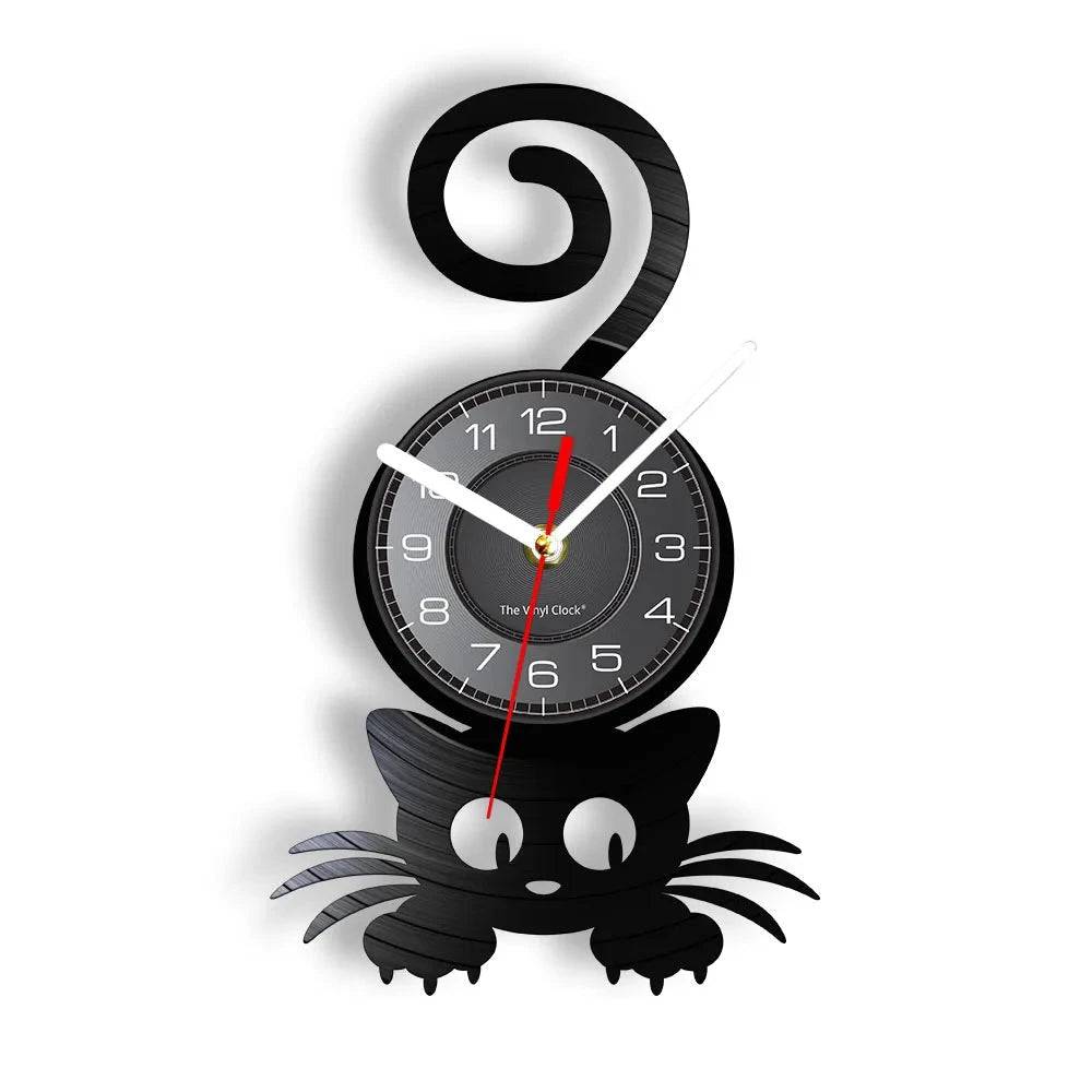 Crazy Cat Lady Wall Art (WITHOUT LED) Silhouette Kitten Cat with Funny Top Tail Home Decor Wall Clock Black Kitty Vinyl Record Clock Cat Pet Lover - Trendypet's Zone