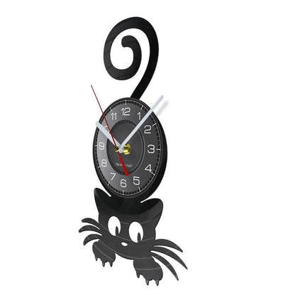 Crazy Cat Lady Wall Art (WITHOUT LED) Silhouette Kitten Cat with Funny Top Tail Home Decor Wall Clock Black Kitty Vinyl Record Clock Cat Pet Lover - Trendypet's Zone