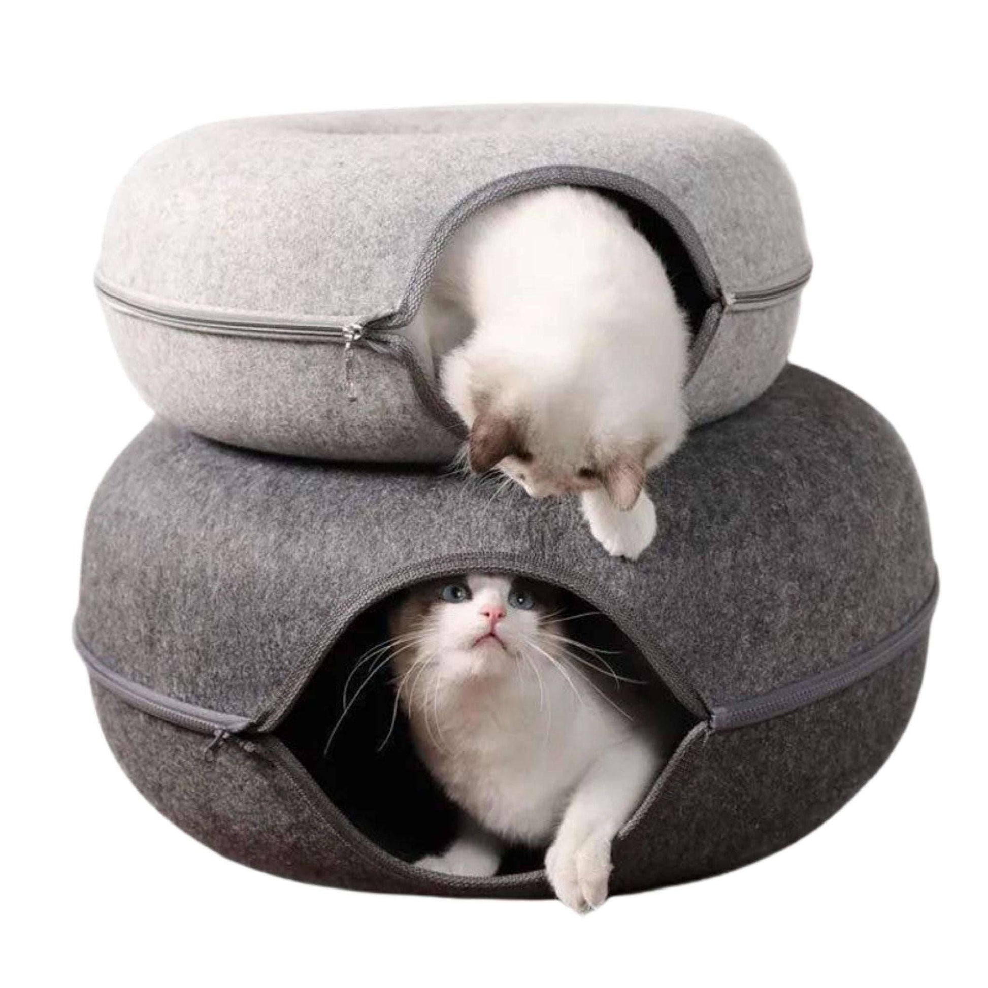 Cream White Donut Cat Bed for 2 Pets Tunnel Kitten House Basket Interactive Natural Felt Cave Nest TRENDYPET'S ZONE