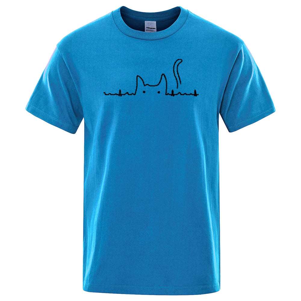 Cyan Casual Men's T-Shirts Cat Cute Printed Summer Cotton O-Neck Short Sleeve Top Tee T-shirts - Trendypet's Zone