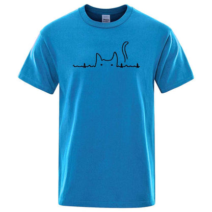 Cyan Casual Men's T-Shirts Cat Cute Printed Summer Cotton O-Neck Short Sleeve Top Tee T-shirts - Trendypet's Zone