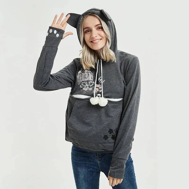 Dark Gray High Quality Sweatshirt Cat Dog Lovers Hoodies Kangaroo Pet Paw Ears Cuddle Pouch Pullovers TRENDYPET'S ZONE