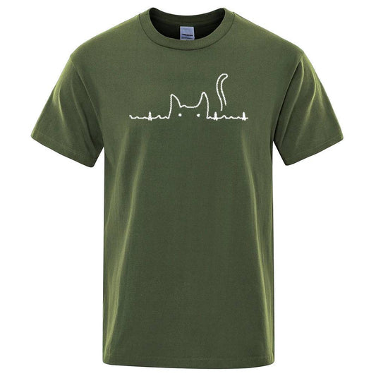 Dark Green Casual Men's T-Shirts Cat Cute Printed Summer Cotton O-Neck Short Sleeve Top Tee T-shirts - Trendypet's Zone