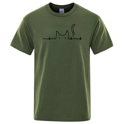 Dark Green Casual Men's T-Shirts Cat Cute Printed Summer Cotton O-Neck Short Sleeve Top Tee T-shirts TRENDYPET'S ZONE