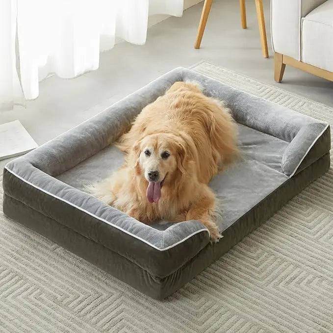 Dark Green & Grey Extra Large Bolster Dog Bed with Waterproof Lining & Non-Skid Bottom, Washable, Orthopedic Egg Foam Couch, XL 42"x 30"x 7" TRENDYPET'S ZONE