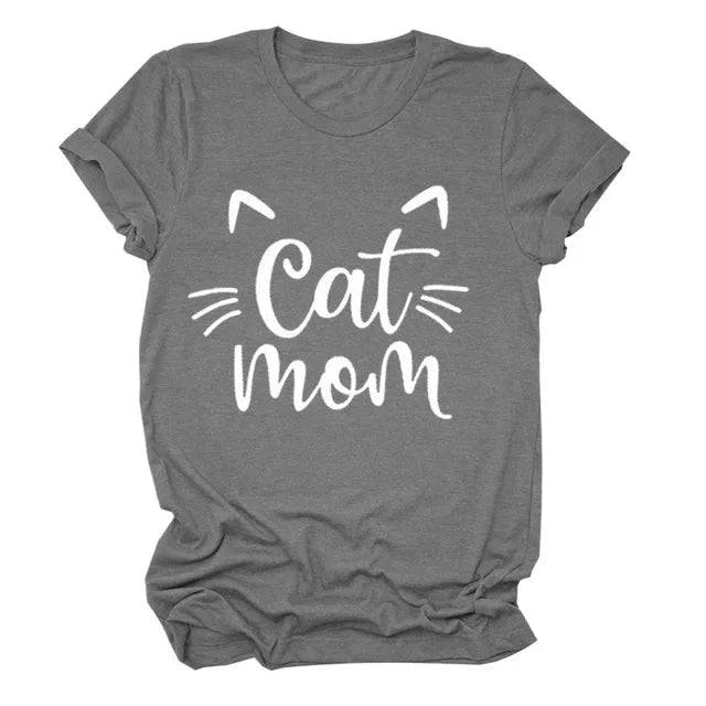 Dark Grey "Cat Mom" Vivid Letter Print Women T-Shirt Short Sleeve O-Neck Loose Ladies Tee Tops Clothes TRENDYPET'S ZONE