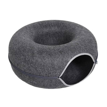 Dark Grey Donut Cat Bed for 2 Pets Tunnel Kitten House Basket Interactive Natural Felt Cave Nest - Trendypet's Zone