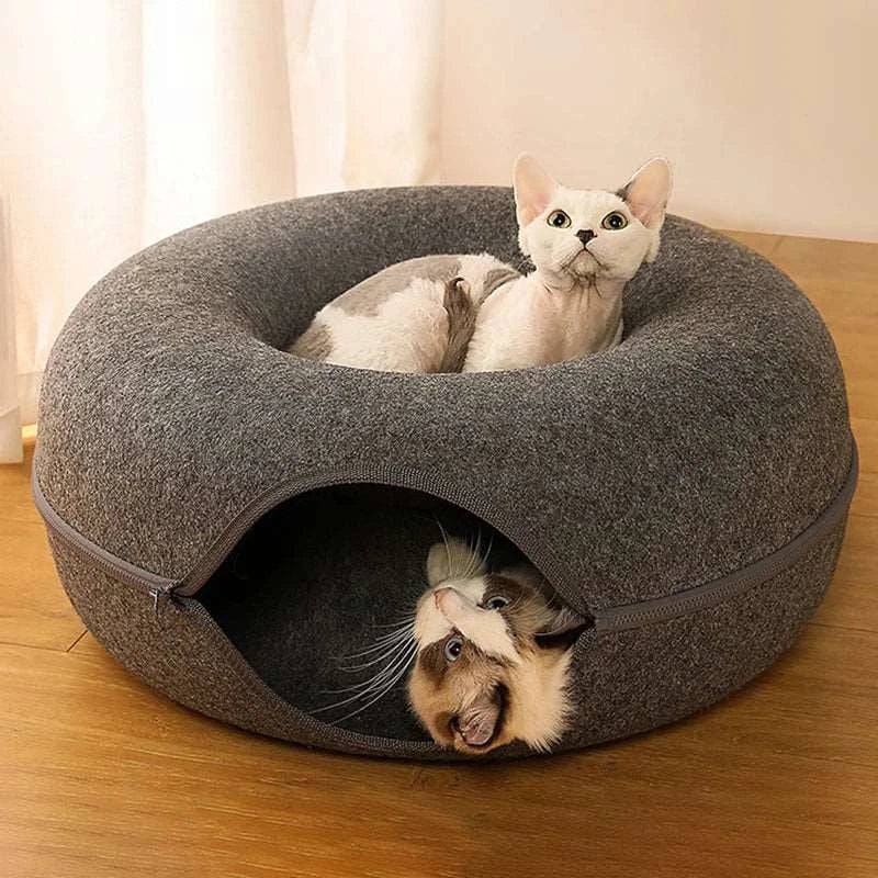 Dark Grey Donut Cat Bed for 2 Pets Tunnel Kitten House Basket Interactive Natural Felt Cave Nest - Trendypet's Zone