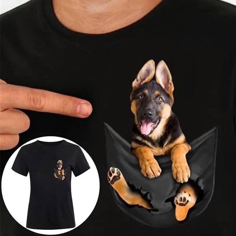 Funny 3D Print Cute Dog Black Men/Women T-shirts German Shepherd Inside Pocket O-Neck Short Sleeve Couple Streetwear Tops - Trendypet's Zone