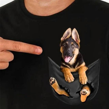 Funny 3D Print Cute Dog Black Men/Women T-shirts German Shepherd Inside Pocket O-Neck Short Sleeve Couple Streetwear Tops - Trendypet's Zone