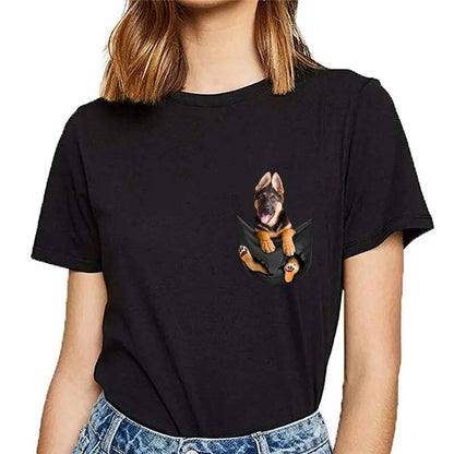 Funny 3D Print Cute Dog Black Men/Women T-shirts German Shepherd Inside Pocket O-Neck Short Sleeve Couple Streetwear Tops - Trendypet's Zone