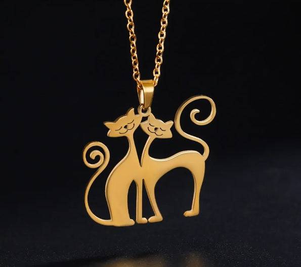 Gold 2 Cats Cute Necklace for Women Funny Animal Stainless Steel Pendant Jewelry - Trendypet's Zone