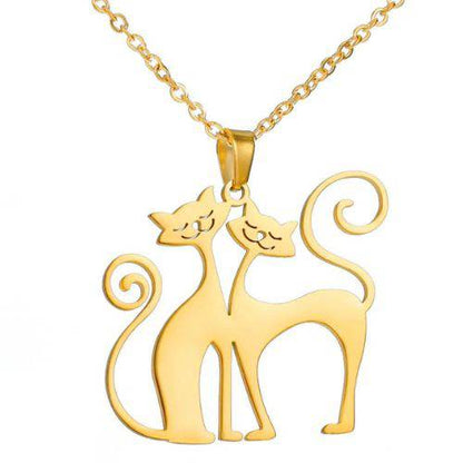 Gold 2 Cats Cute Necklace for Women Funny Animal Stainless Steel Pendant Jewelry - Trendypet's Zone