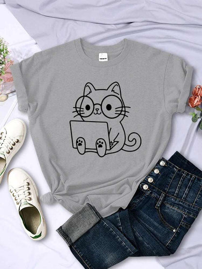 Gray Careful Study Of Work Cat Sketches Women T-Shirt Personality Trend Casual Tee Clothing Street Creative Tops Female Short Sleeve TRENDYPET'S ZONE