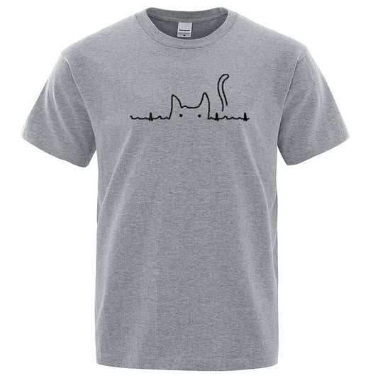 Gray Casual Men's T-Shirts Cat Cute Printed Summer Cotton O-Neck Short Sleeve Top Tee T-shirts - Trendypet's Zone