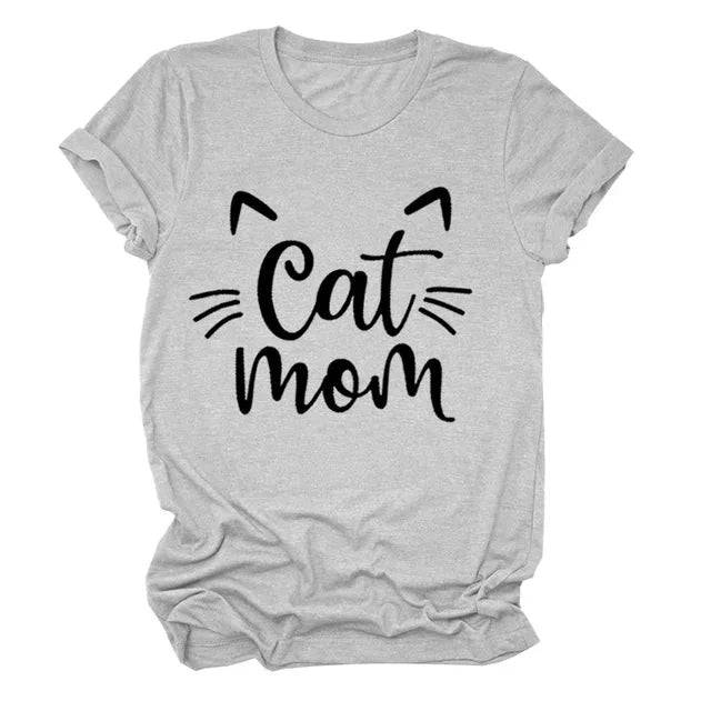 Gray "Cat Mom" Vivid Letter Print Women T-Shirt Short Sleeve O-Neck Loose Ladies Tee Tops Clothes TRENDYPET'S ZONE