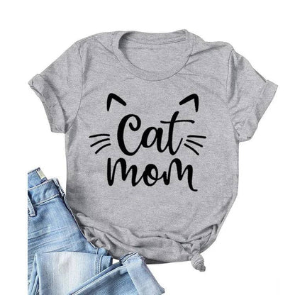 Gray "Cat Mom" Vivid Letter Print Women T-Shirt Short Sleeve O-Neck Loose Ladies Tee Tops Clothes TRENDYPET'S ZONE