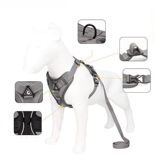 Gray Dog Harness Leash Set Reflective Breathable Vest Adjustable Chest Strap TRENDYPET'S ZONE