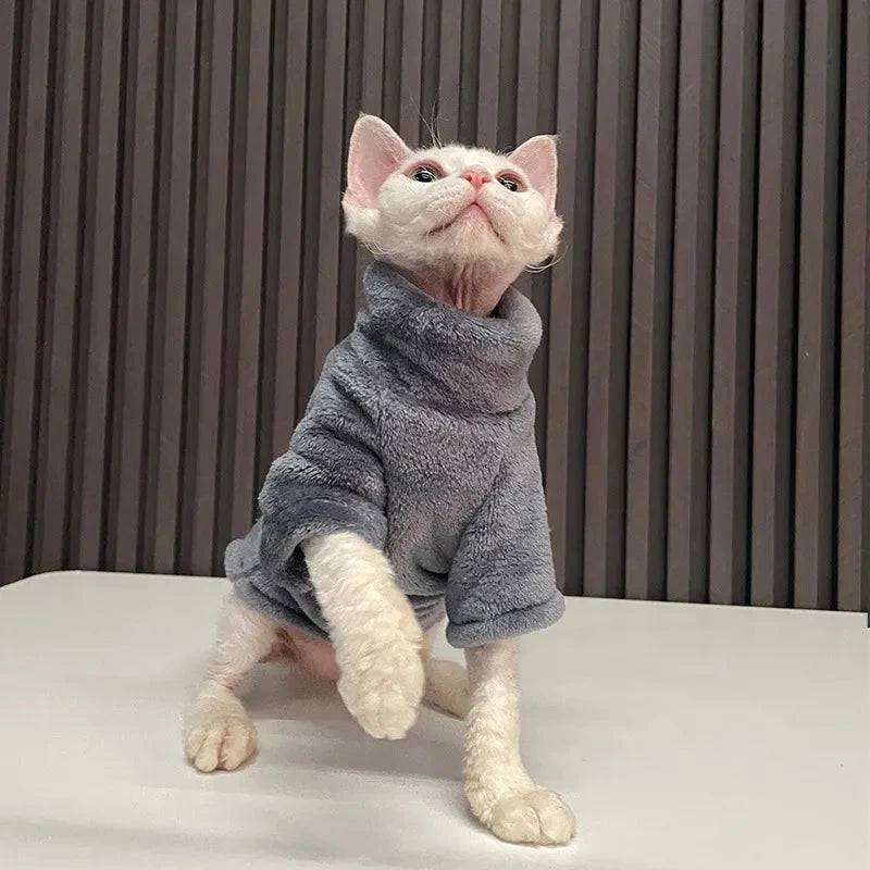 Gray Turtleneck Cat Sweater Coat Winter Warm Hairless Cat Clothes Soft Fluff Pullover Shirt Pet Clothing - Trendypet's Zone