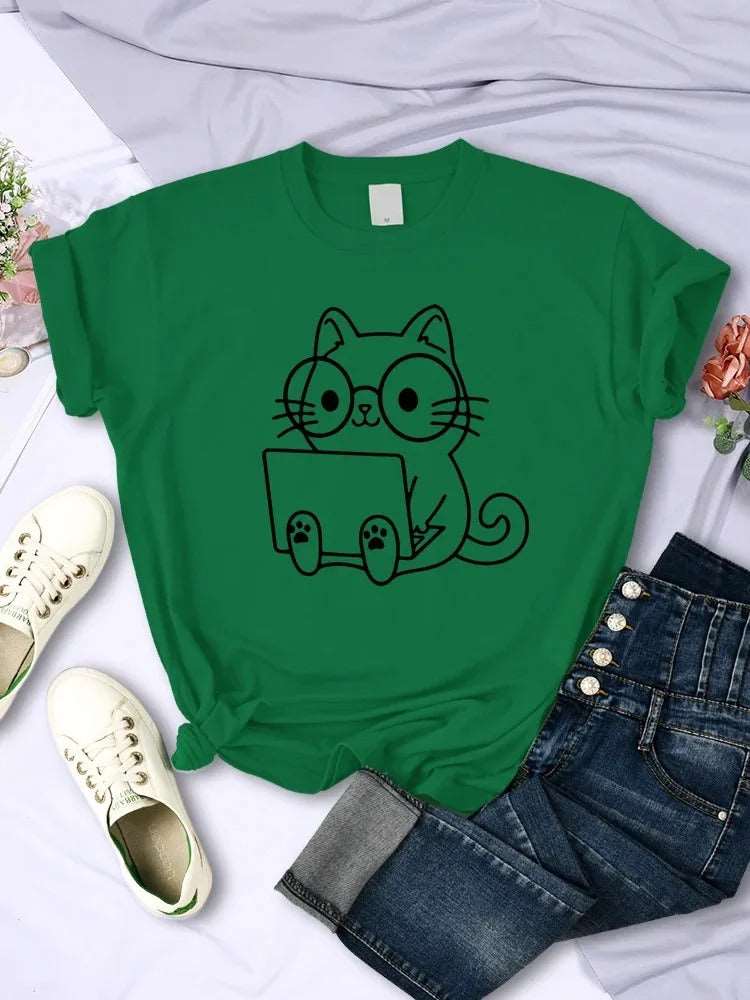 Green Careful Study Of Work Cat Sketches Women T-Shirt Personality Trend Casual Tee Clothing Street Creative Tops Female Short Sleeve TRENDYPET'S ZONE