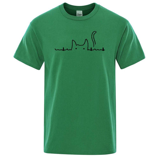 Green Casual Men's T-Shirts Cat Cute Printed Summer Cotton O-Neck Short Sleeve Top Tee T-shirts TRENDYPET'S ZONE