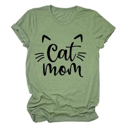 Green "Cat Mom" Vivid Letter Print Women T-Shirt Short Sleeve O-Neck Loose Ladies Tee Tops Clothes - Trendypet's Zone