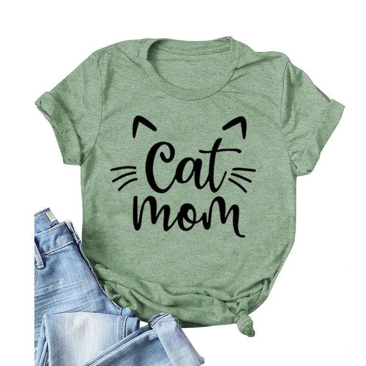 Green "Cat Mom" Vivid Letter Print Women T-Shirt Short Sleeve O-Neck Loose Ladies Tee Tops Clothes - Trendypet's Zone