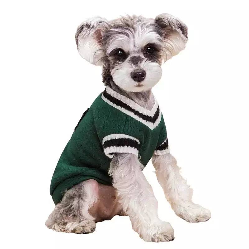 Green Preppy Style V-Neck Dog Sweater Warm Winter Pet Cloth TRENDYPET'S ZONE