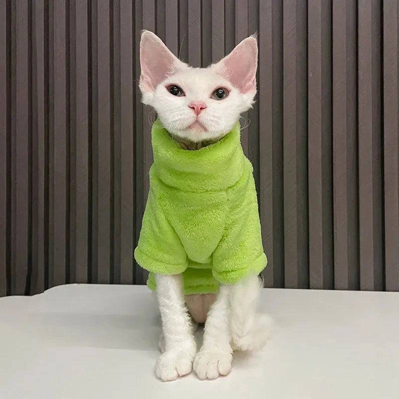 Green Turtleneck Cat Sweater Coat Winter Warm Hairless Cat Clothes Soft Fluff Pullover Shirt Pet Clothing - Trendypet's Zone