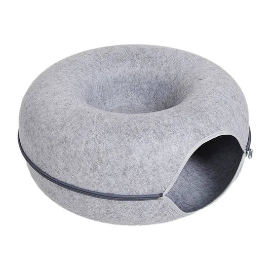 Grey Donut Cat Bed for 2 Pets Tunnel Kitten House Basket Interactive Natural Felt Cave Nest TRENDYPET'S ZONE