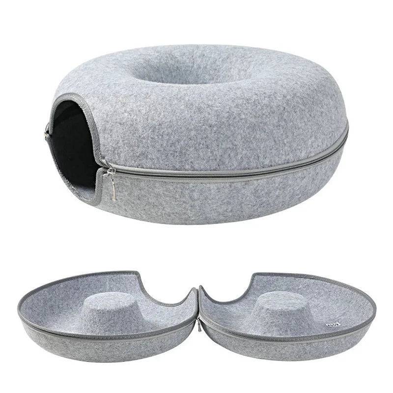 Grey Donut Cat Bed for 2 Pets Tunnel Kitten House Basket Interactive Natural Felt Cave Nest TRENDYPET'S ZONE