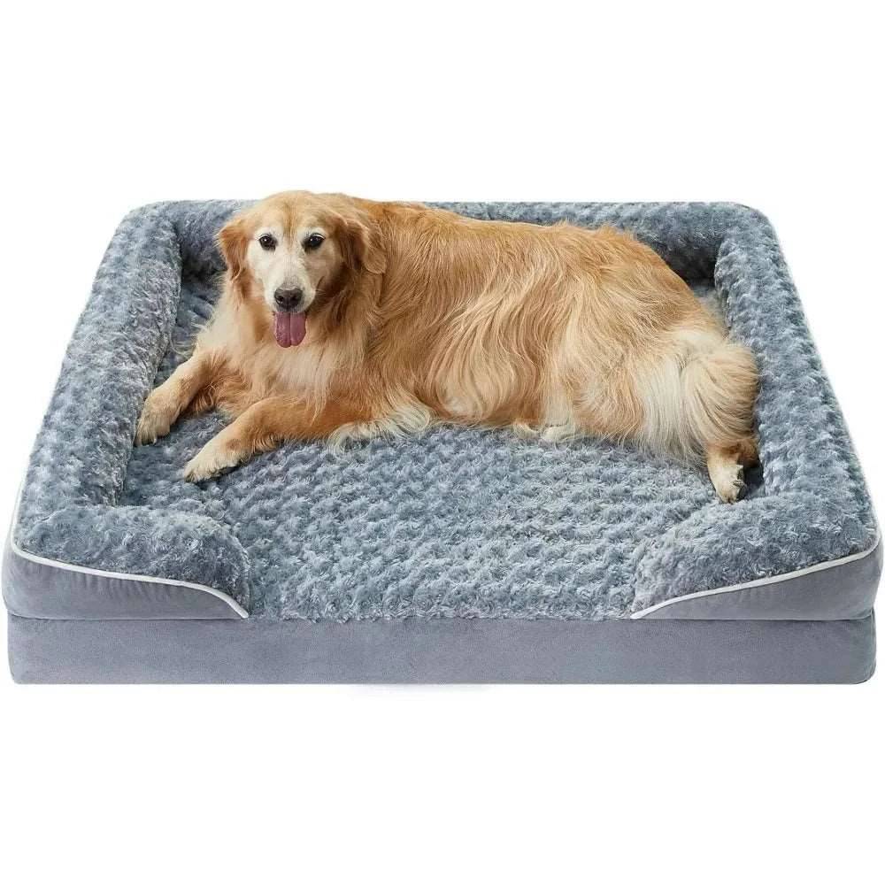 Grey Extra Large Bolster Dog Bed with Waterproof Lining & Non-Skid Bottom, Washable, Orthopedic Egg Foam Couch, XL 42"x 30"x 7" TRENDYPET'S ZONE