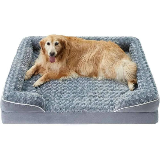 Grey Extra Large Bolster Dog Bed with Waterproof Lining & Non-Skid Bottom, Washable, Orthopedic Egg Foam Couch, XL 42"x 30"x 7" - Trendypet's Zone