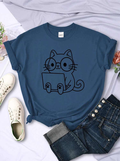 Haze Blue Careful Study Of Work Cat Sketches Women T-Shirt Personality Trend Casual Tee Clothing Street Creative Tops Female Short Sleeve TRENDYPET'S ZONE