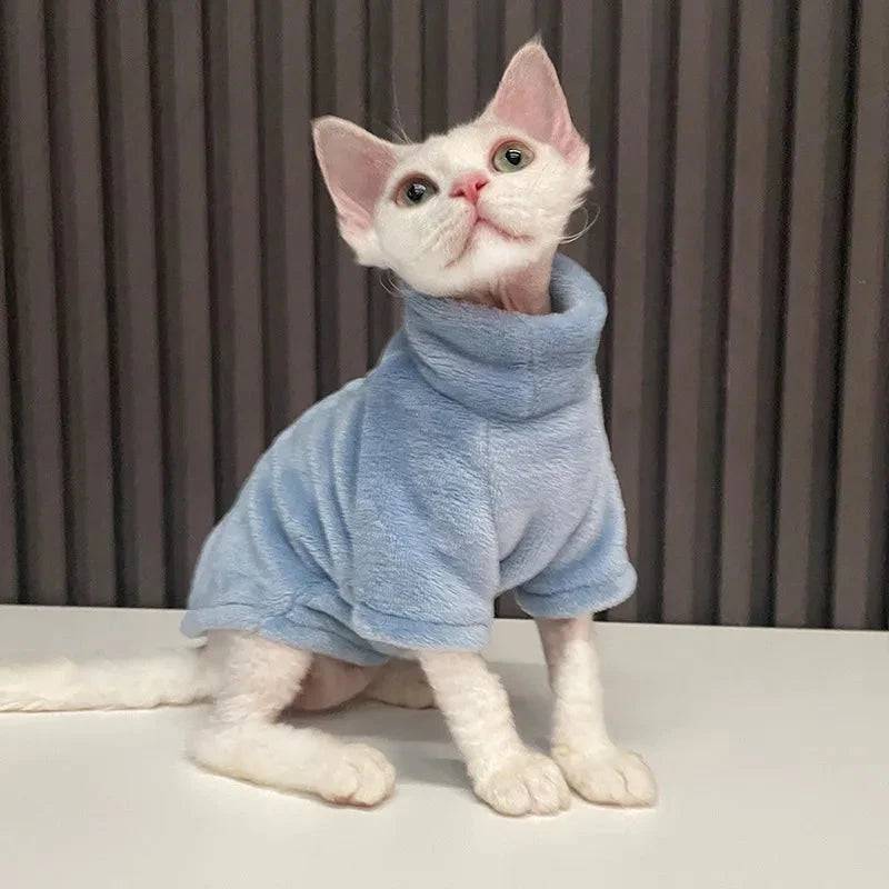 Haze Blue Turtleneck Cat Sweater Coat Winter Warm Hairless Cat Clothes Soft Fluff Pullover Shirt Pet Clothing - Trendypet's Zone